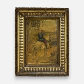 Artist Signed Soldier Bugler on Horseback Oil on Board Framed Painting