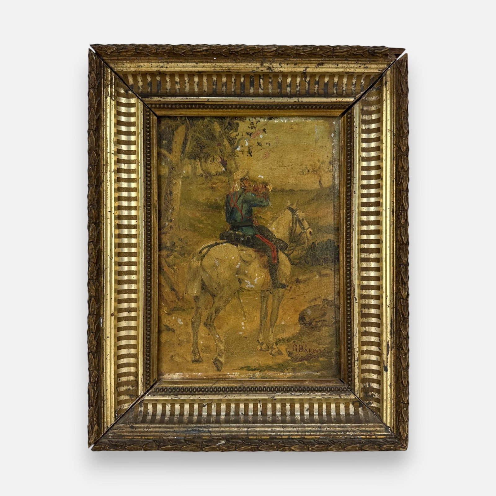 Artist Signed Soldier Bugler on Horseback Oil on Board Framed Painting: Illegibly signed lower right. Fair condition as shown with varnish and surface paint wear. Approx. board size 8 3/4" x 6 1/4". For shipping, we highly recommend Donald Camden at UPS Store 4608. Altern