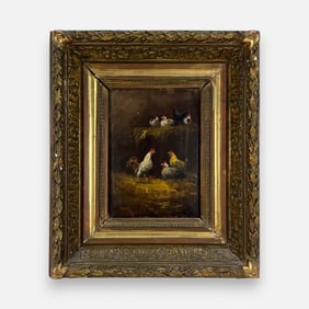 Artist Signed Antique Chicken Coop Oil on Board Framed Painting