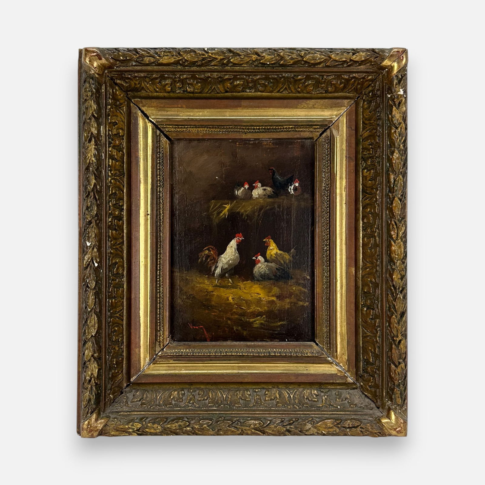 Artist Signed Antique Chicken Coop Oil on Board Framed Painting (1 of 5)