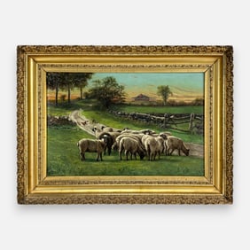 Antique American 19thC Sheep Grazing Pastoral Landscape Oil on Canvas Framed Painting
