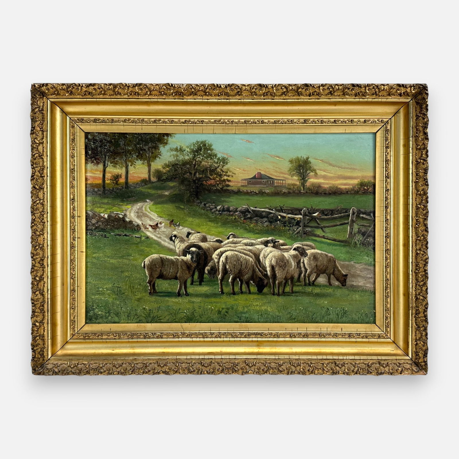 Antique American 19thC Sheep Grazing Pastoral Landscape Oil on Canvas Framed Painting (1 of 5)