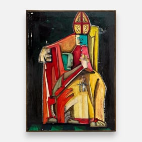 Victor Lopez "La Danza Milenaria" 1977 Cubist Catholic Pope Painting Framed