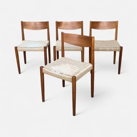 Set of Four Poul Volther Teak Wood & Rope Cord Danish Modern Dining Chairs