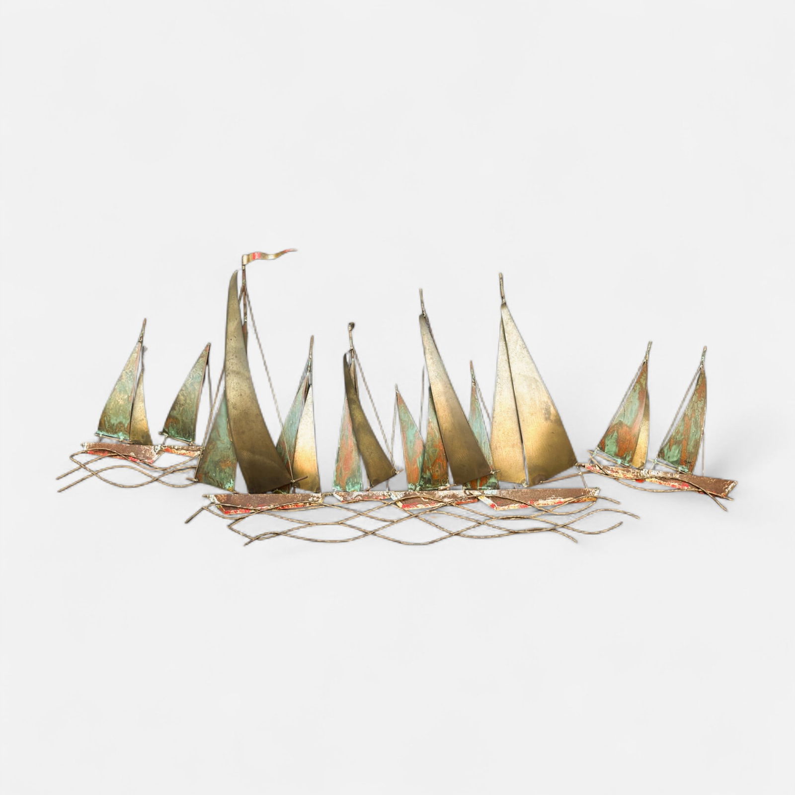 Curtis Jere 1970 Sailboat Regatta MCM Painted Brass Wall Sculpture (1 of 5)