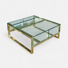 1970s Modernist Flat Bar Brass & Glass Square Coffee Table