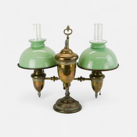 Antique Electrified Double Student Brass Lamp with Green Cased Glass Shades