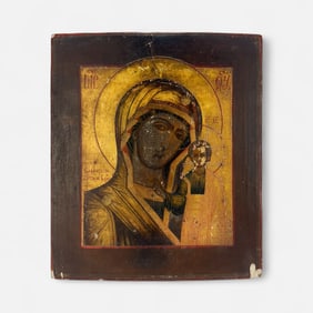 Antique Russian Painted Wood Madonna and Child Icon