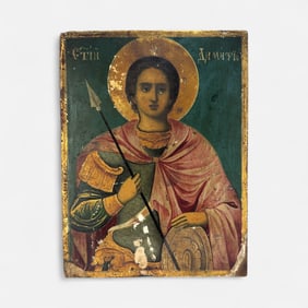 Antique Russian Painted Wood Saint George Icon