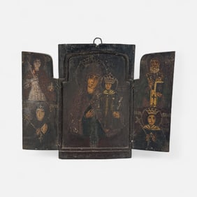 Antique Russian Folding Triptych Wood Icon