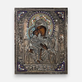 Russian Silver Repousse & Enamel Silver Icon Oklod Mother of God and Child