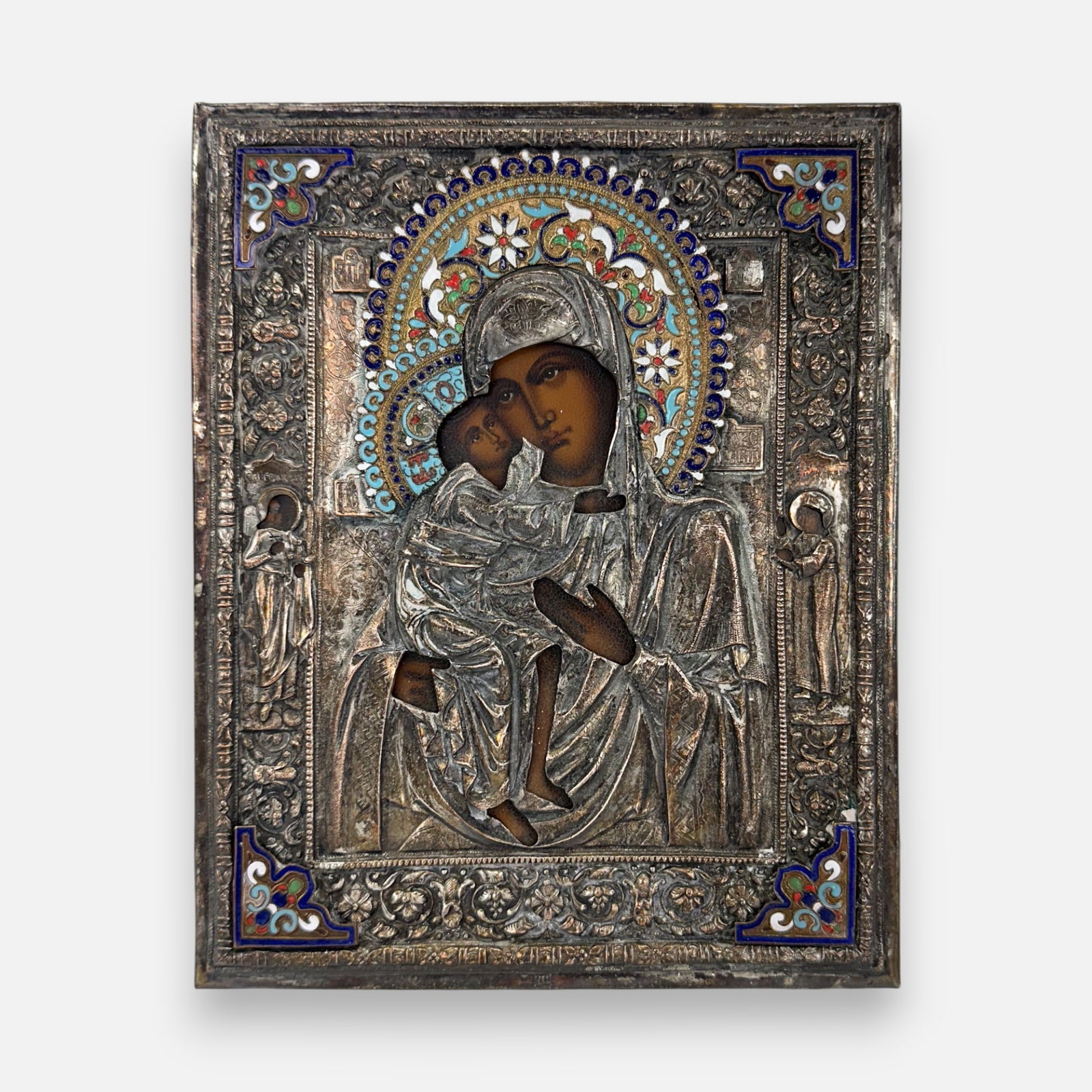 Russian Silver Repousse & Enamel Silver Icon Oklod Mother of God and Child: Good overall condition, with shown surface wear and discoloration. For shipping, we highly recommend Donald Camden at UPS Store 4608. Alternatively, reach out to one of our preferred shippers listed a