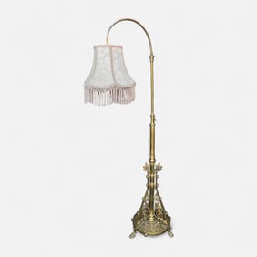 Antique Victorian Brass Adjustable Floor Lamp w/Silk Shade