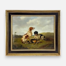 Antique Resting Hunting Dogs Oil on Canvas Framed Painting