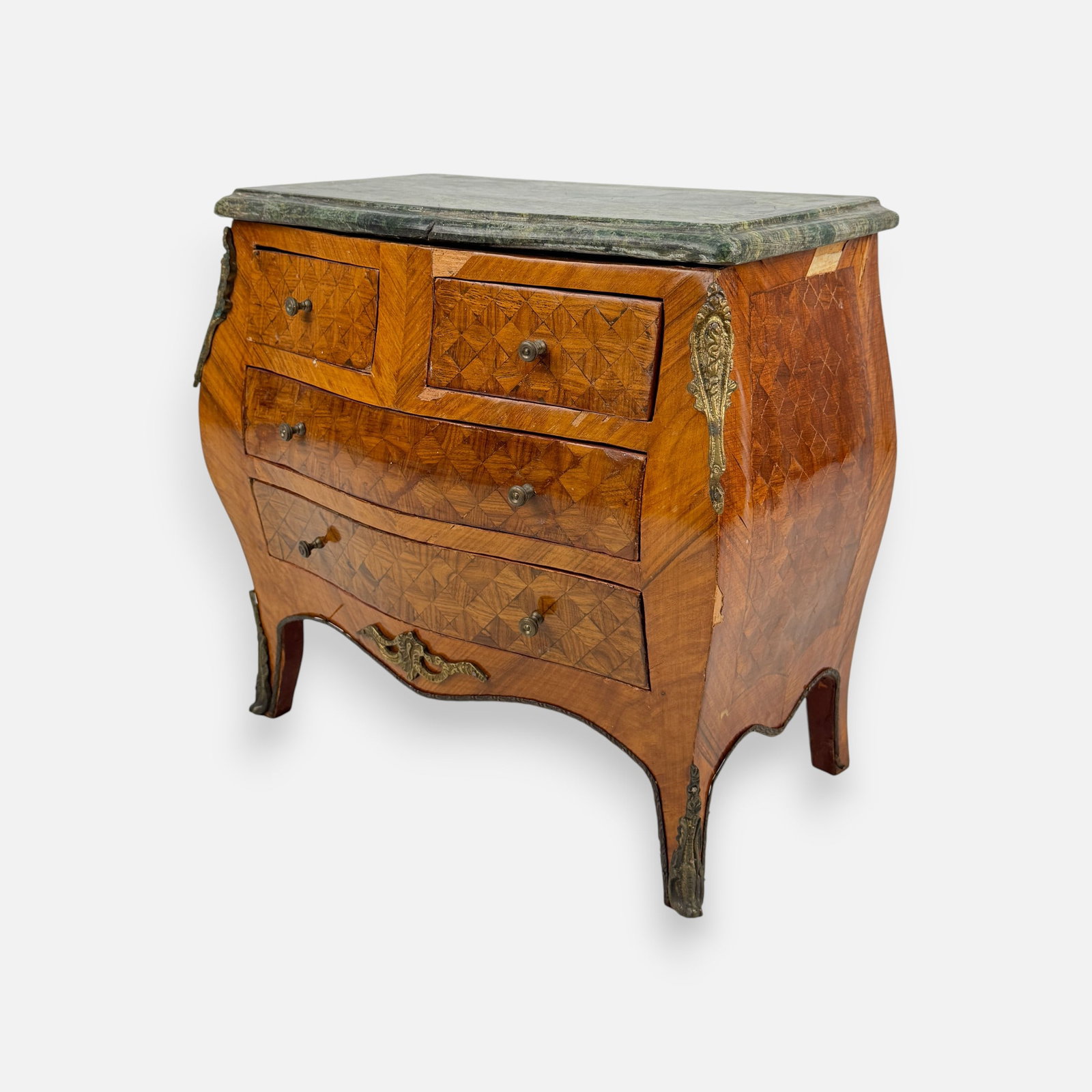 Louis XV Style Miniature Bombe Chest w/Marble Top: See veneer loss, minor surface wear. For shipping, we highly recommend Donald Camden at UPS Store 4608. Alternatively, reach out to one of our preferred shippers listed at the link below or elect for 
