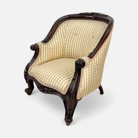 Carved Mahogany Miniature Upholstered Lounge Chair
