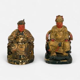 Pair Chinese Gilt Wood Roal Couple Seated on Plinths