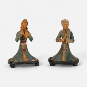 Pair Chinese Musician Figures on Wood Bases
