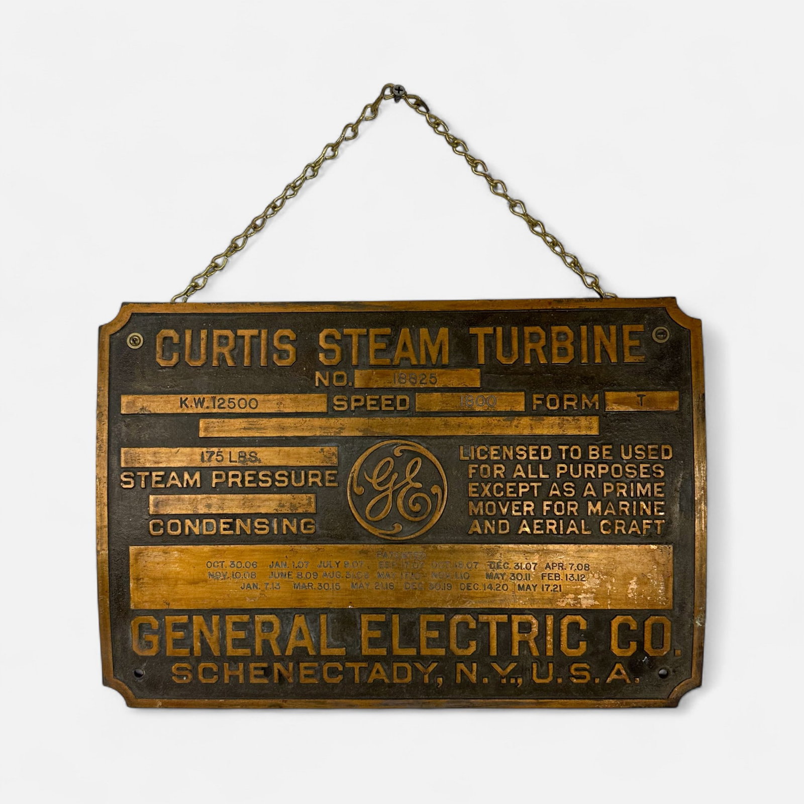 Antique 1921 General Electric Curtis Steam Turbine Brass Wall Plaque Sign (1 of 4)