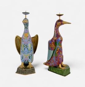 Two Chinese Cloisonne Enamel Figural Duck Pricket Candlesticks