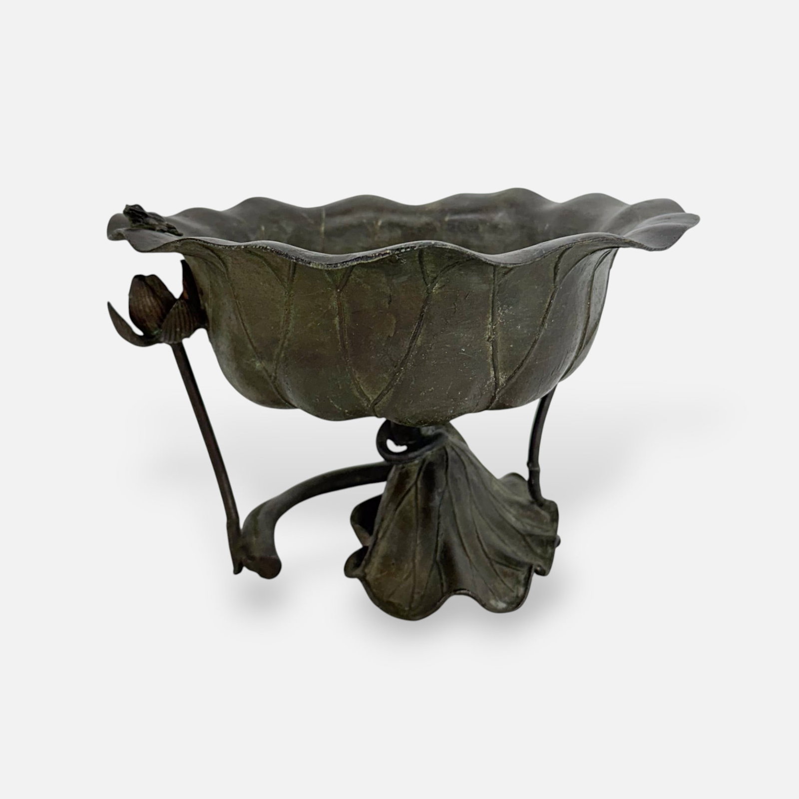 Antique Japanese Bronze Lotus Ikebana Bowl: Ca. late 19th to early 20thC. Good with shown surface wear, corrosion.For shipping, we highly recommend Donald Camden at UPS Store 4608. Alternatively, reach out to one of our preferred shippers liste