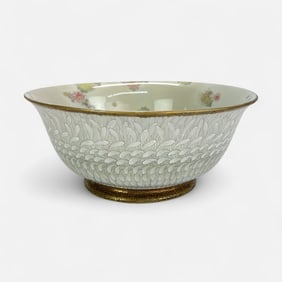 Antique Japanese Kutani Porcelain Bowl w/Overlapping Feather and Floral Decoration