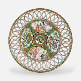 Antique Chinese Rose Medallion Reticulated Porcelain Footed Dish