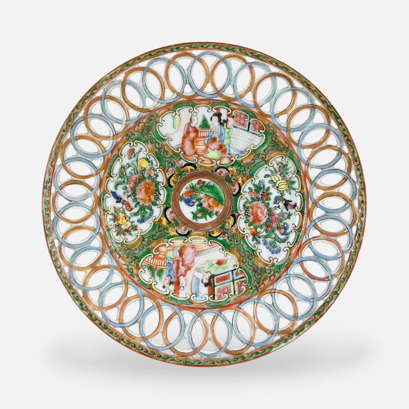 Antique Chinese Rose Medallion Reticulated Porcelain Footed Dish (1 of 9)