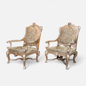 Pair Large Modern Rococo Style Carved Gilt Wood Upholstered Armchairs