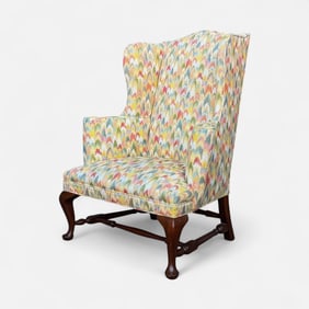 Antique American Carved Mahogany Upholstered Wingback Easy Lounge Chair