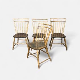 Four Antique American 18th/19thC Carved Maple faux-Bamboo Windsor Birdcage Dining Side Chairs