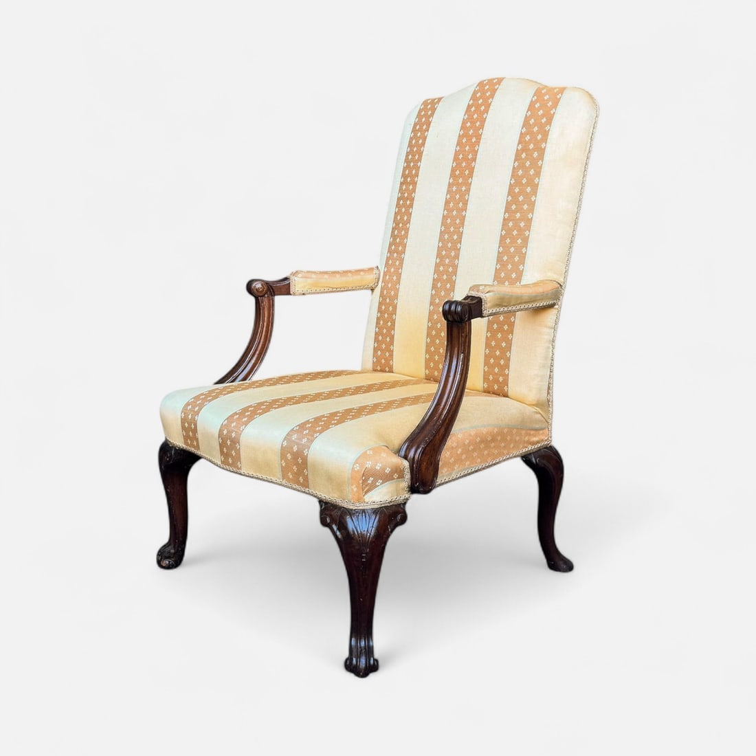 Antique 18th/19thC Carved Mahogany Upholstered Lolling Armchair: Good overall condition, with age-appropriate wear and minor professional repair(s). For shipping, we highly recommend Donald Camden at UPS Store 4608. Alternatively, reach out to one of our preferred 