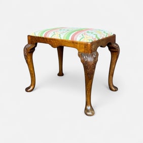 Antique 18th/19thC Queen Ann Carved Walnut Upholstered Stool