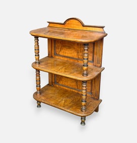 Antique Chestnut Three-Tier Book Shelf w/Turned Column Supports and Chamfered Backboards