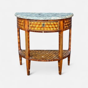 Antique Louis XVI Style Parquetry Inlaid Wood Marble Top Tiered Side Table