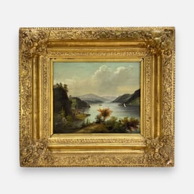 Antique 19thC River Sailboats Landscape Oil on Canvas Painting Framed