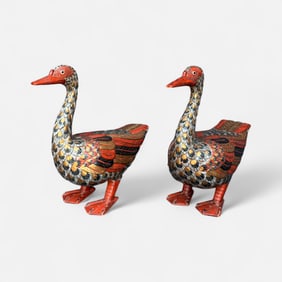 Pair Indonesian Carved & Painted Wood Goose Sculptures