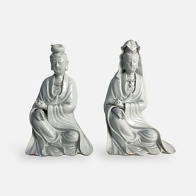 Pair Blanc-de-Chine Porcelain Statues of Guanyin