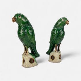 Pair Chinese Sancai Pottery Parrot Incense Burner Sculptures