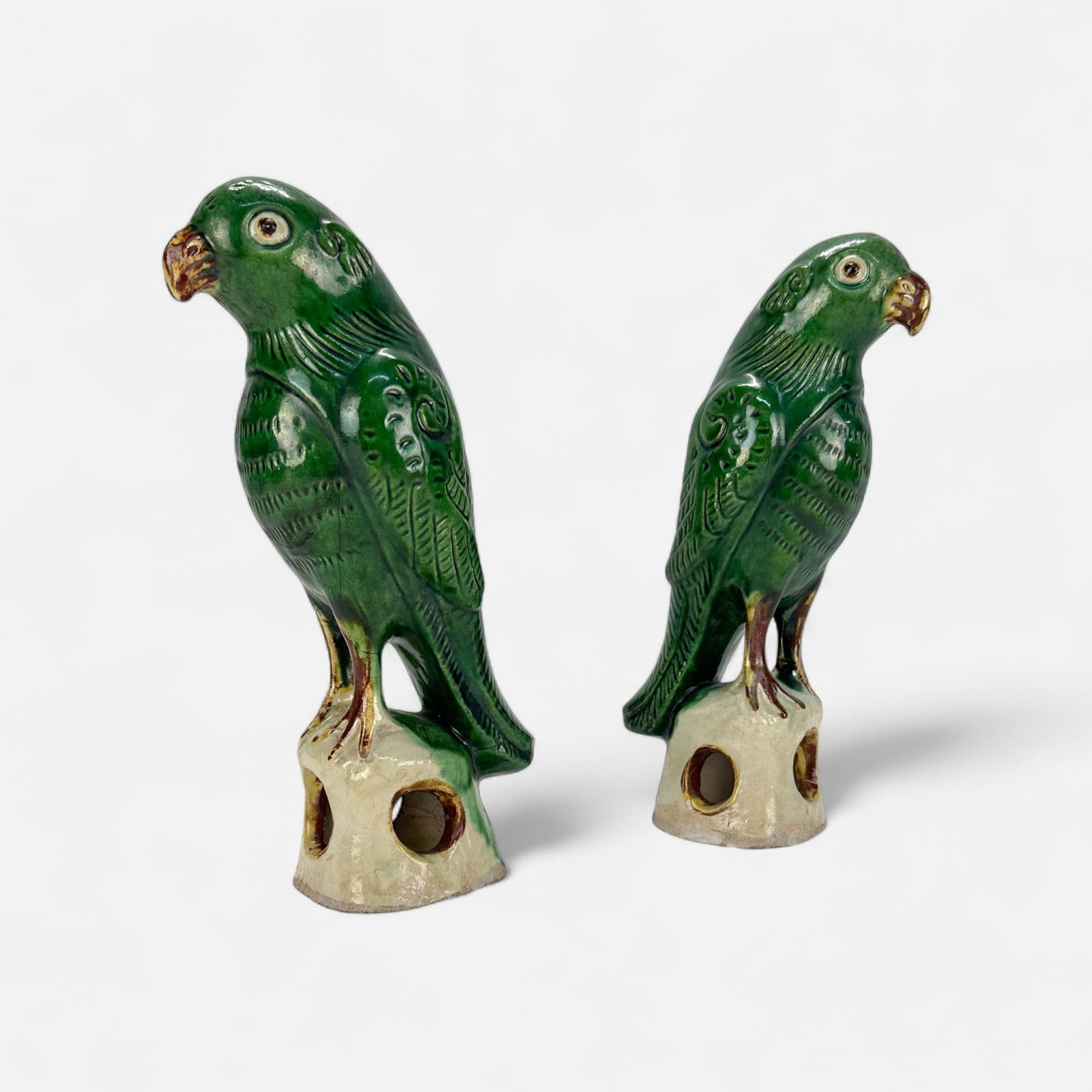 Pair Chinese Qing Sancai Pottery Parrot Incense Burner Sculptures (1 of 13)