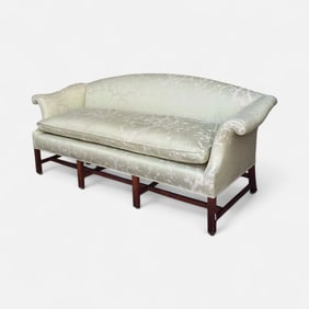 Antique 18thC George III Mahogany Down-Filled Upholstered Camelback Sofa