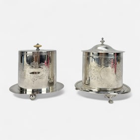 Two Antique English Silver Plate Biscuit Boxes Tea Caddies
