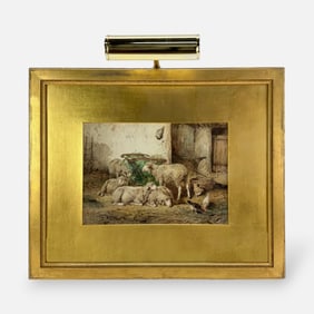 Franck Brissot Sheep and Roosters iAntique 19thC Watercolor on Paper Painting Framed