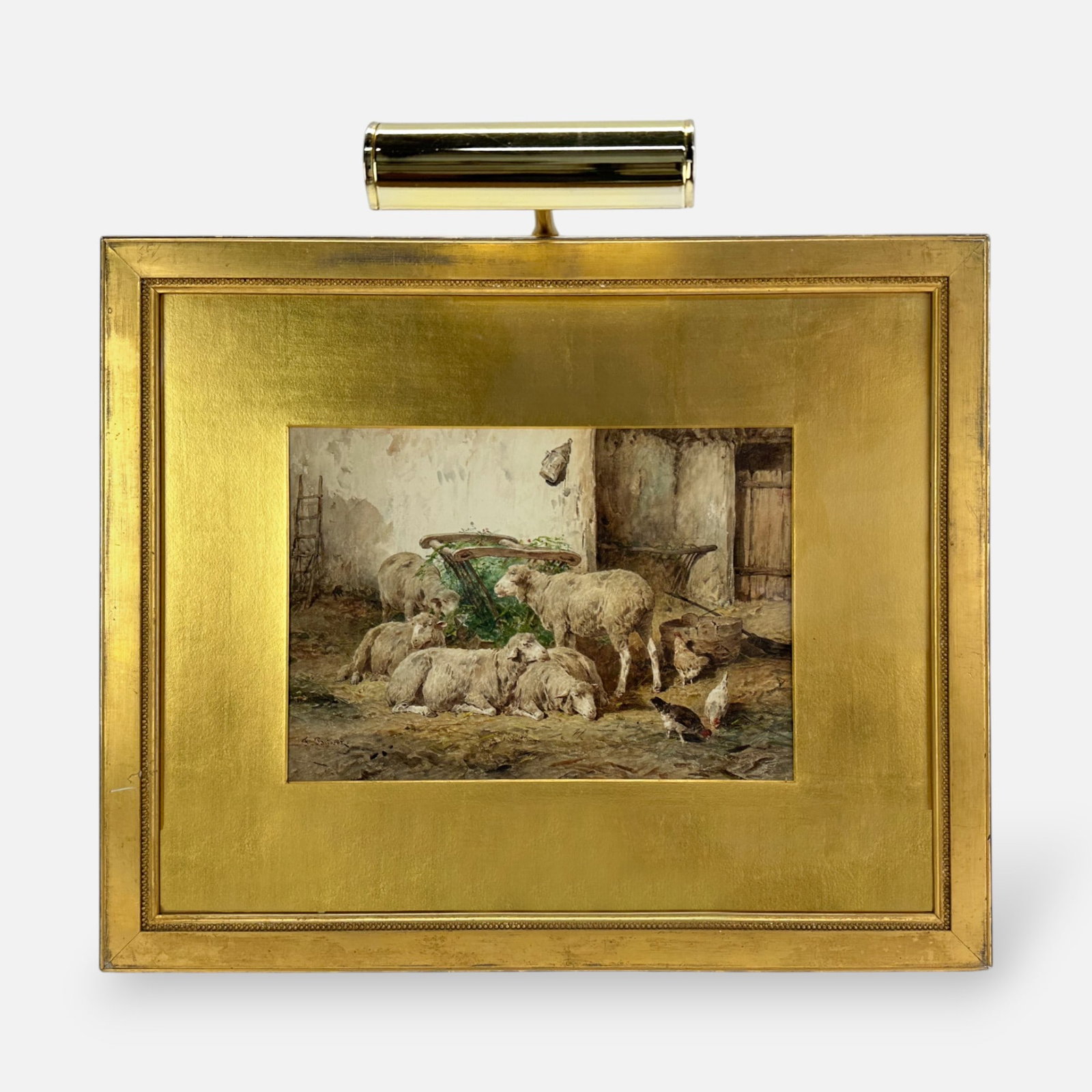 Franck Brissot Sheep and Roosters iAntique 19thC Watercolor on Paper Painting Framed (1 of 6)