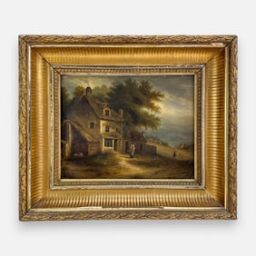 Antique 19thC Country Scene Oil on Board Painting Framed