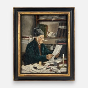 Artist Signed "Village Clerk" Antique Oil on Board Painting Framed