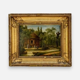 Antique 19thC Victorian Town Scene Oil on Board Painting Framed