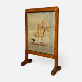 Antique Embroidered Needlework Fire Screen