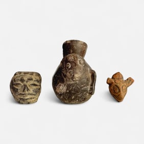 Group of Three Pre-Columbian Pottery Artifacts-Whistle, Vase & Head