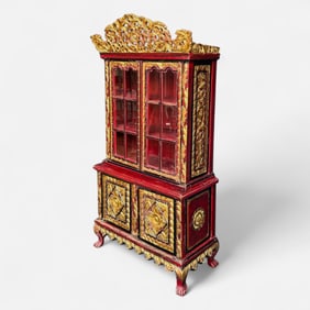 Southeast Asian Red Lacquer & Carved Giltwood Display Cabinet